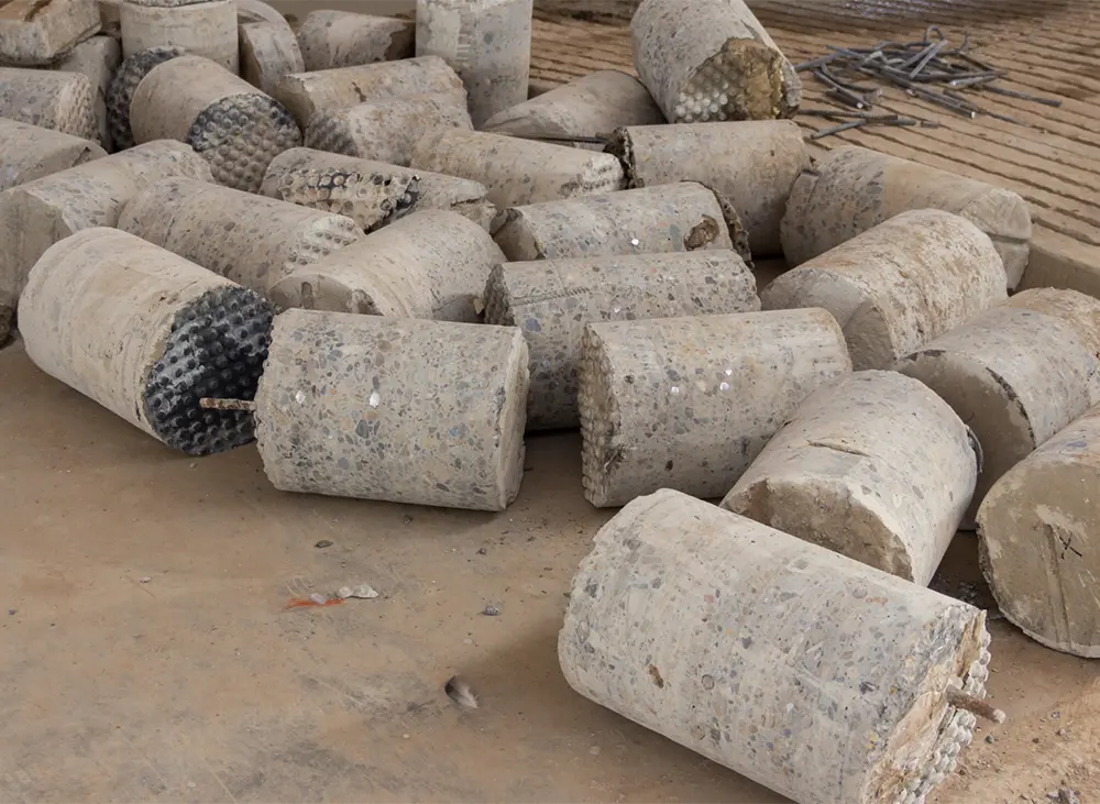 cylindrical samples of concrete taken from paved surface